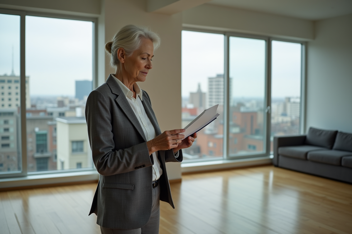 Femme âgée consulte documents dans appartement urbain