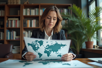 Femme d'âge moyen en tenue professionnelle examine une carte du monde