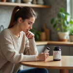 Bienfaits santé : LLM, un ingrédient incontournable pour votre quotidien Femme lisant une étiquette nutrition dans sa cuisine moderne