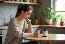 Femme lisant une étiquette nutrition dans sa cuisine moderne