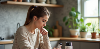 Femme lisant une étiquette nutrition dans sa cuisine moderne