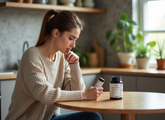Femme lisant une étiquette nutrition dans sa cuisine moderne