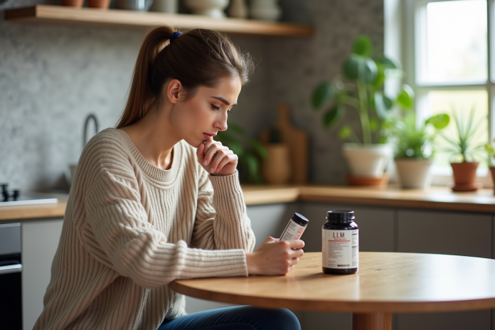 Femme lisant une étiquette nutrition dans sa cuisine moderne
