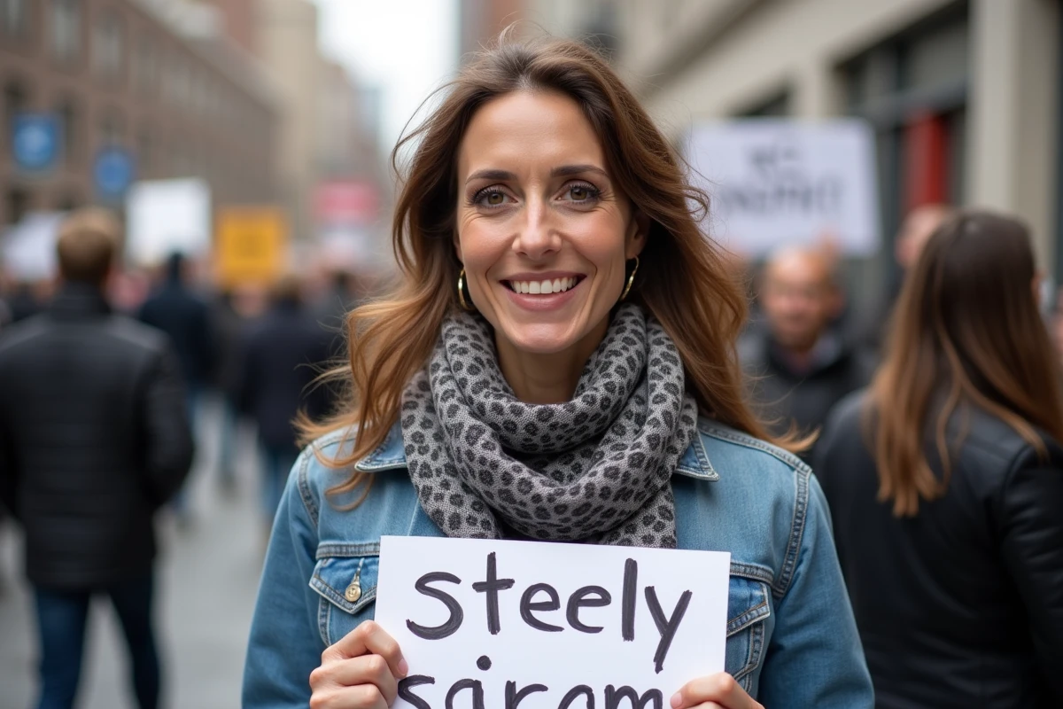 Femme lors d'une manifestation en ville avec pancarte