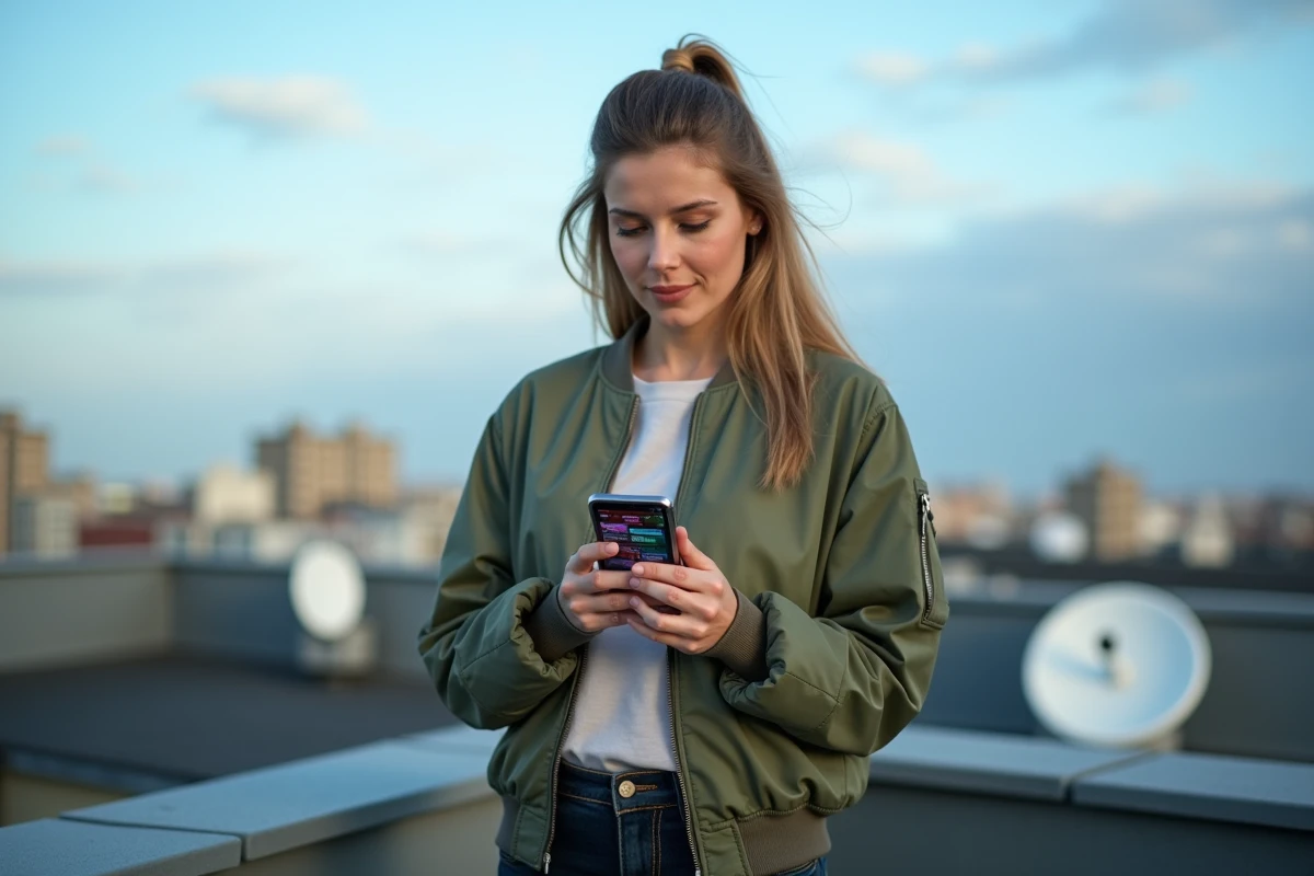 Femme consultant un média numérique sport et actualité sur smartphone depuis un toit urbain