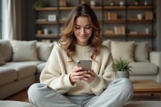 Jeune femme perplexe qui lit un message GDB sur son smartphone dans son salon
