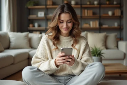 Jeune femme perplexe qui lit un message GDB sur son smartphone dans son salon