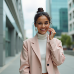 Conseils pour un look tendance en 2025 : les astuces fashion à suivre Femme élégante en blazer pastel dans un décor urbain