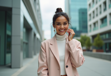 Conseils pour un look tendance en 2025 : les astuces fashion à suivre Femme élégante en blazer pastel dans un décor urbain