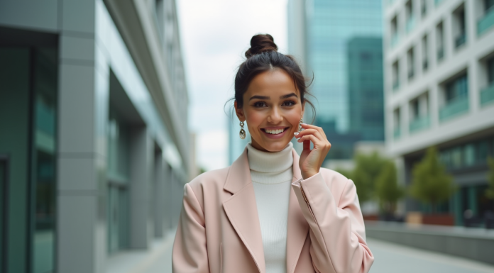 Conseils pour un look tendance en 2025 : les astuces fashion à suivre Femme élégante en blazer pastel dans un décor urbain