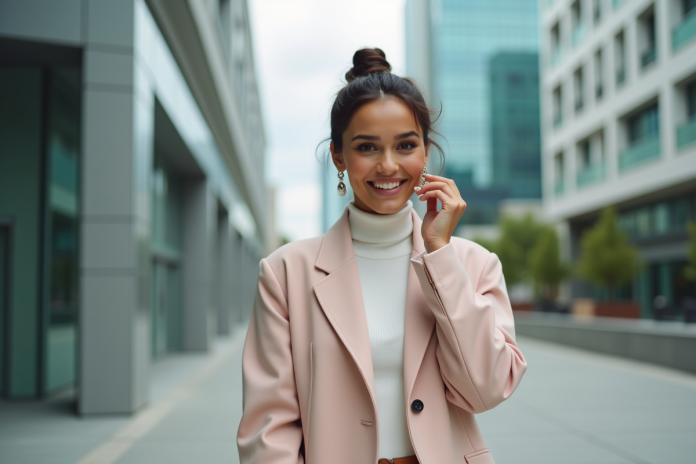 Femme élégante en blazer pastel dans un décor urbain