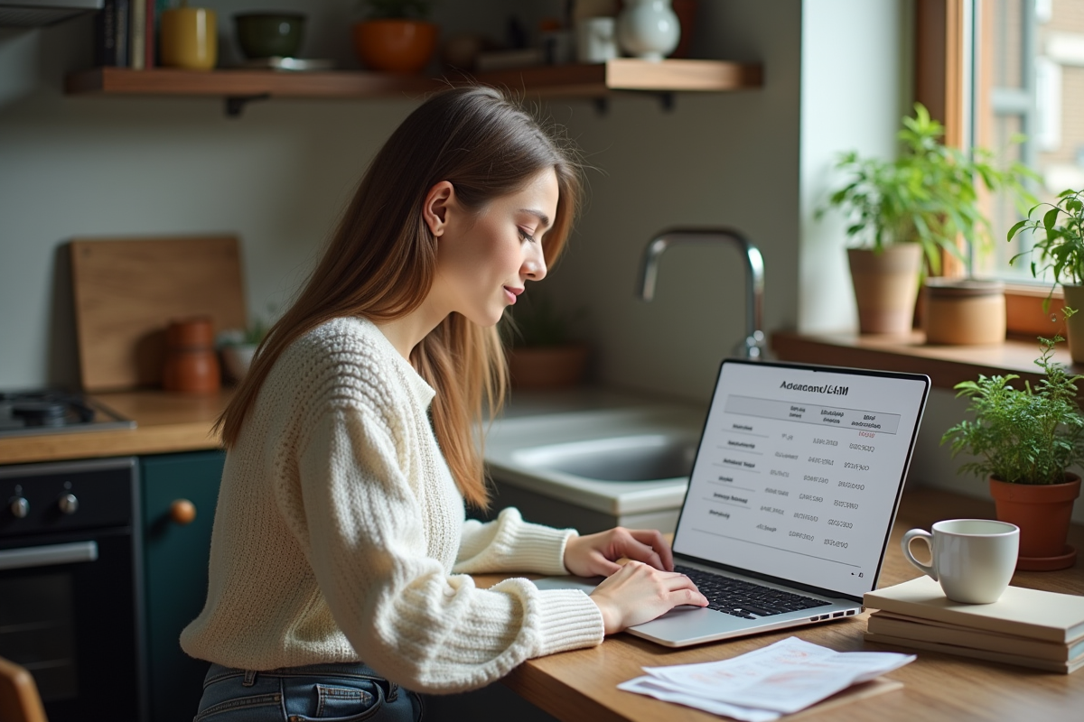 Jeune femme analysant un graphique sur son ordinateur à la maison