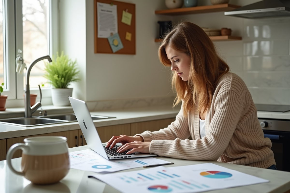 Jeune femme travaillant sur un ordinateur dans une cuisine lumineuse