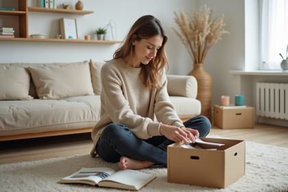Femme organisée dans un salon minimaliste avec livres
