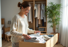 Ranger culottes tiroir : astuces pratiques pour un rangement efficace Femme organisée culottes dans un tiroir de chambre lumineuse