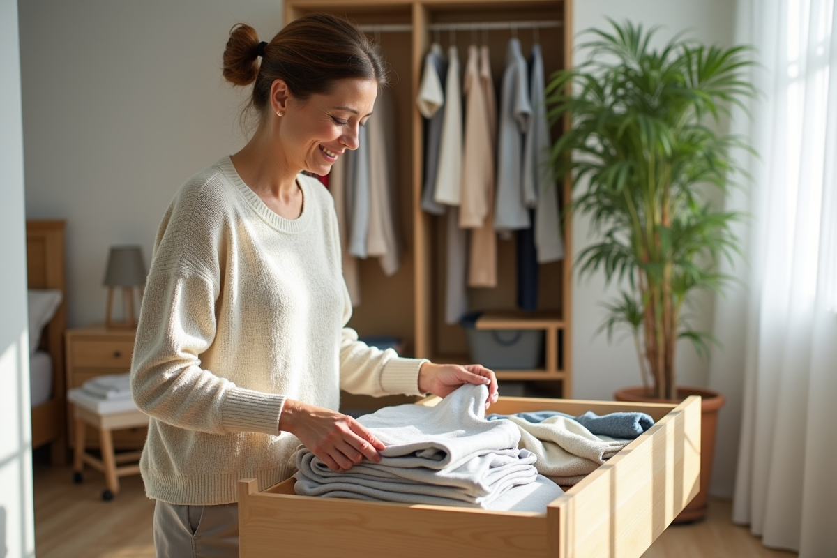 Femme organisée culottes dans un tiroir de chambre lumineuse