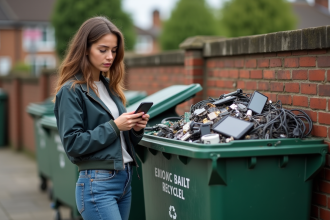 Jeune femme observant un bac de recyclage de dechets electroniques
