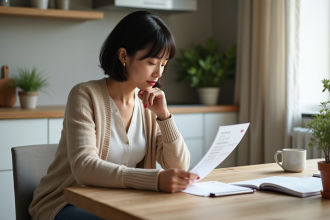 Femme en intérieur examine ses comptes et notes
