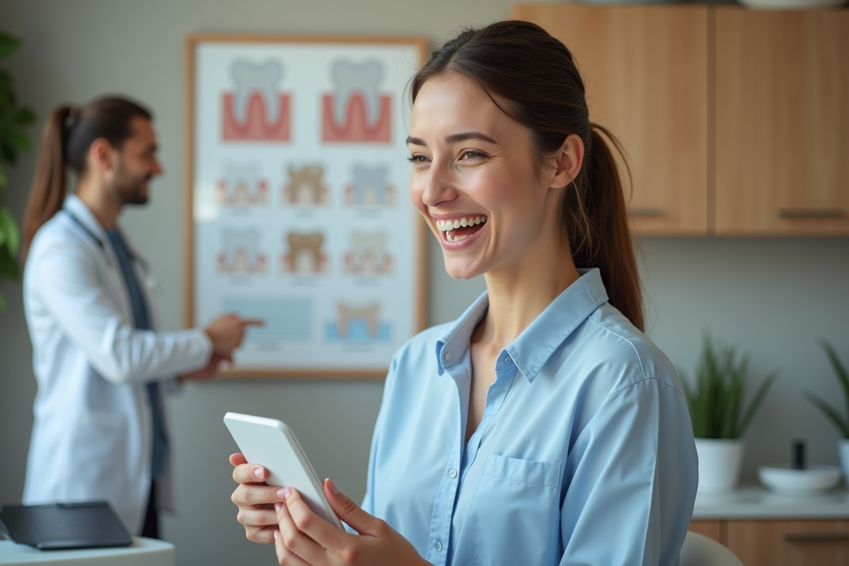 Jeune femme riant en consultation dentaire