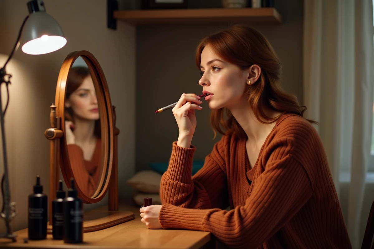 Femme appliquant un crayon à lèvres bordeaux devant un miroir ancien, ambiance beauté éditoriale