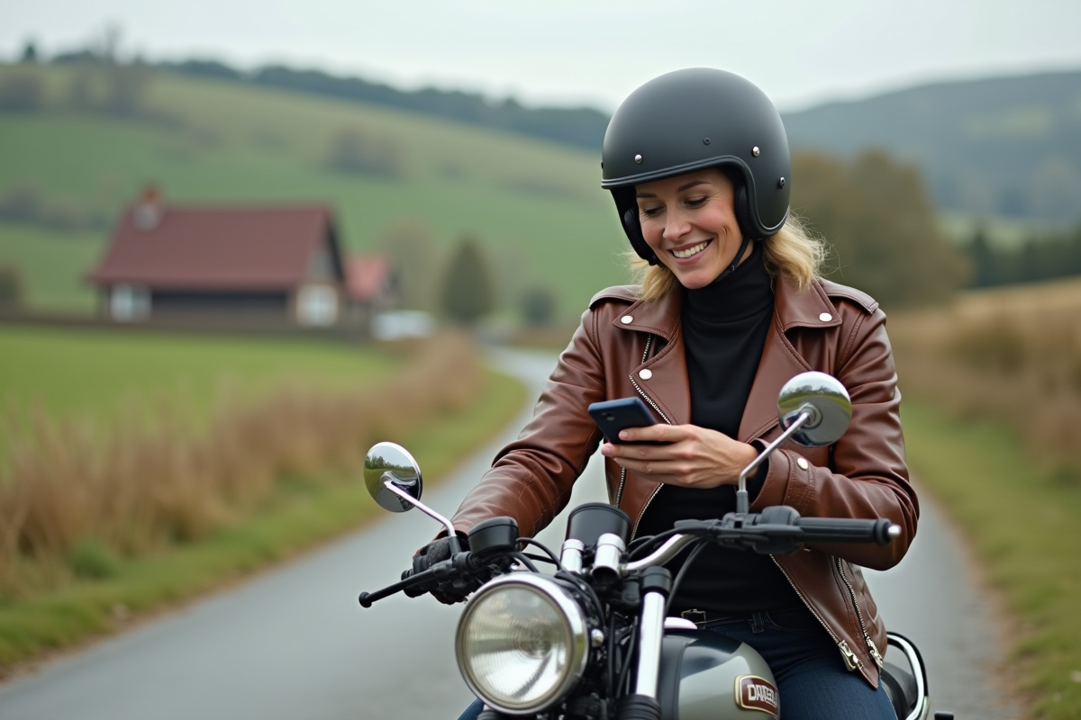 Femme à moto 125cc sur une route rurale paisible