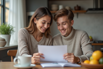 Femme souriante avec son adolescent examinant des documents de sante