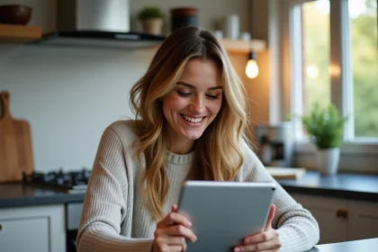 Jeune femme souriante utilisant une tablette dans la cuisine