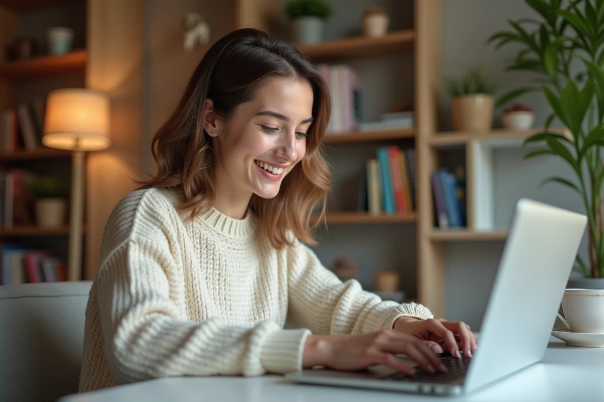 Jeune femme souriante utilisant un chat en ligne sur son ordinateur portable dans un appartement moderne pour rencontrer de nouvelles personnes via Chérie FM