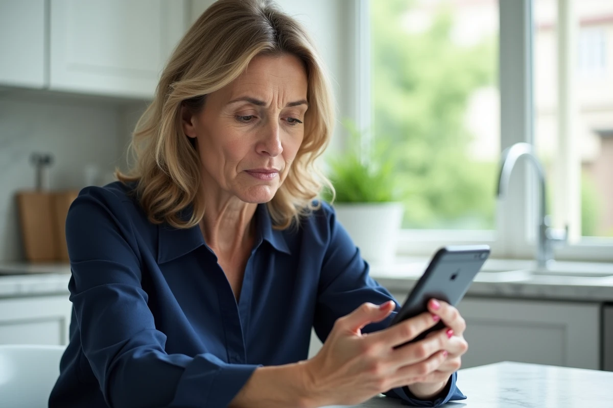 Femme vérifiant un numéro de téléphone portable bloqué sur son smartphone dans une cuisine moderne