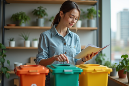 Jeune femme triant des déchets recyclables dans un espace moderne