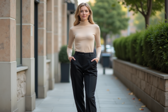 Femme en ville portant un turtleneck beige et pantalon noir
