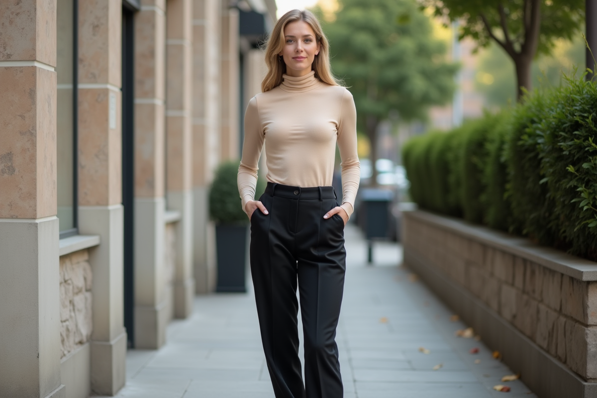 Femme en ville portant un turtleneck beige et pantalon noir