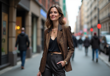 Femme confiante en ville portant un blazer à motifs