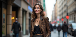 Femme confiante en ville portant un blazer à motifs