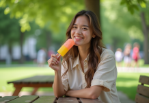 Jeune femme souriante avec glace colorée dans un parc urbain