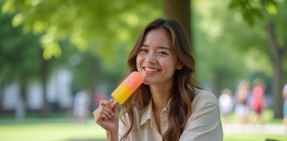 Calories des Mister Freeze : un en-cas frais et peu calorique ? Jeune femme souriante avec glace colorée dans un parc urbain