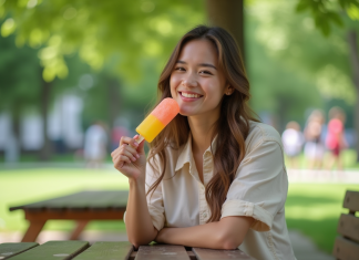 Calories des Mister Freeze : un en-cas frais et peu calorique ? Jeune femme souriante avec glace colorée dans un parc urbain