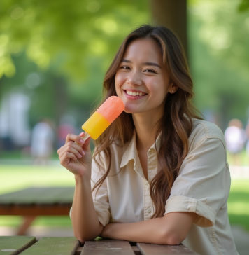 Calories des Mister Freeze : un en-cas frais et peu calorique ? Jeune femme souriante avec glace colorée dans un parc urbain