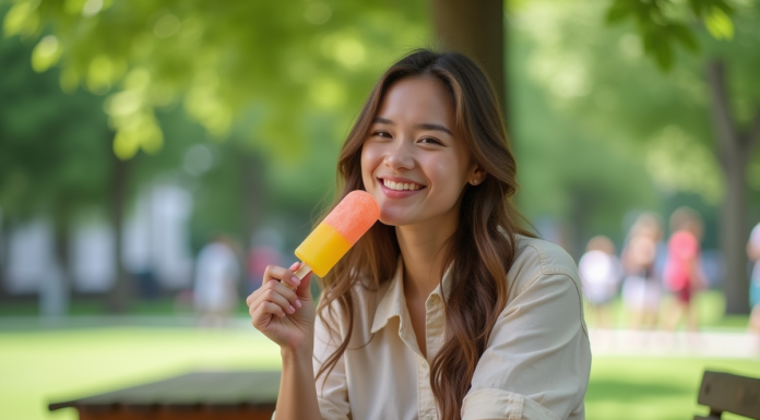 Calories des Mister Freeze : un en-cas frais et peu calorique ? Jeune femme souriante avec glace colorée dans un parc urbain