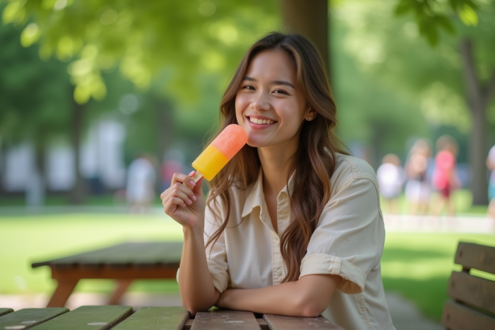 Jeune femme souriante avec glace colorée dans un parc urbain