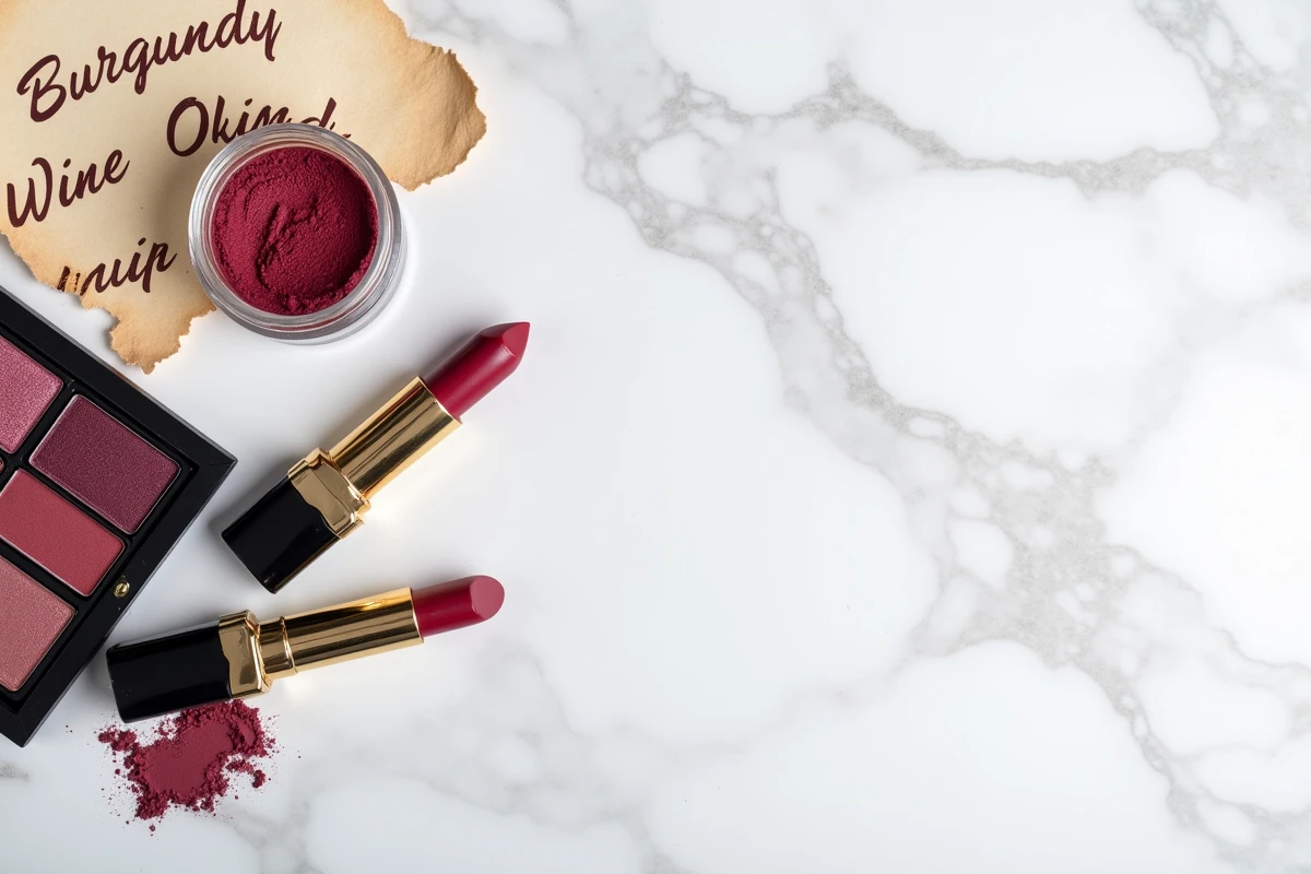 Flat lay de produits de maquillage couleur bordeaux avec noms anglais beauté sur marbre blanc
