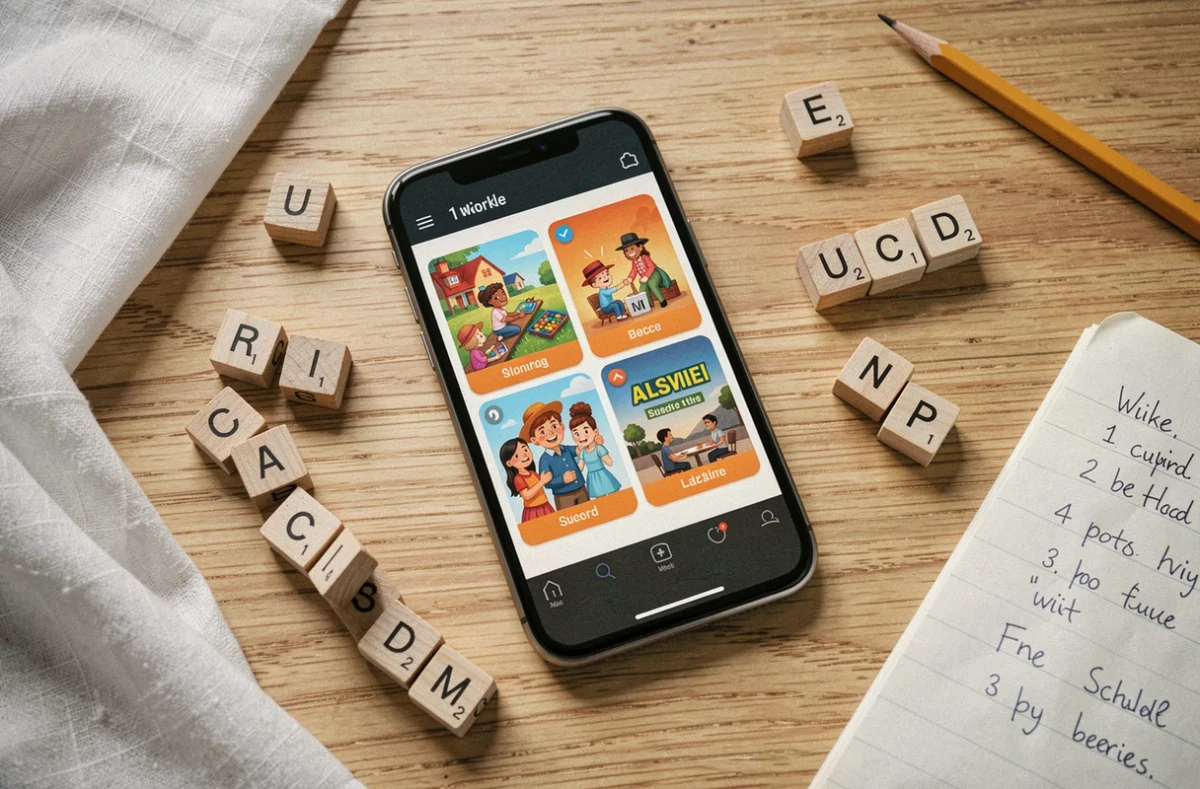 Vue de dessus d'un smartphone affichant un jeu 4 images 1 mot entouré de lettres en bois et d'un carnet de notes sur une table en bois clair