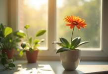 Fleur en forme de U dans un pot en céramique moderne ensoleillé