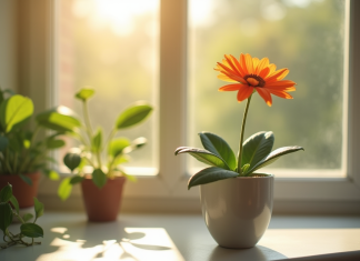 Fleur en forme de U dans un pot en céramique moderne ensoleillé