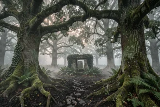 Forêt bretonne brumeuse avec dolmen moussu évoquant l'univers mythologique des Korrigans