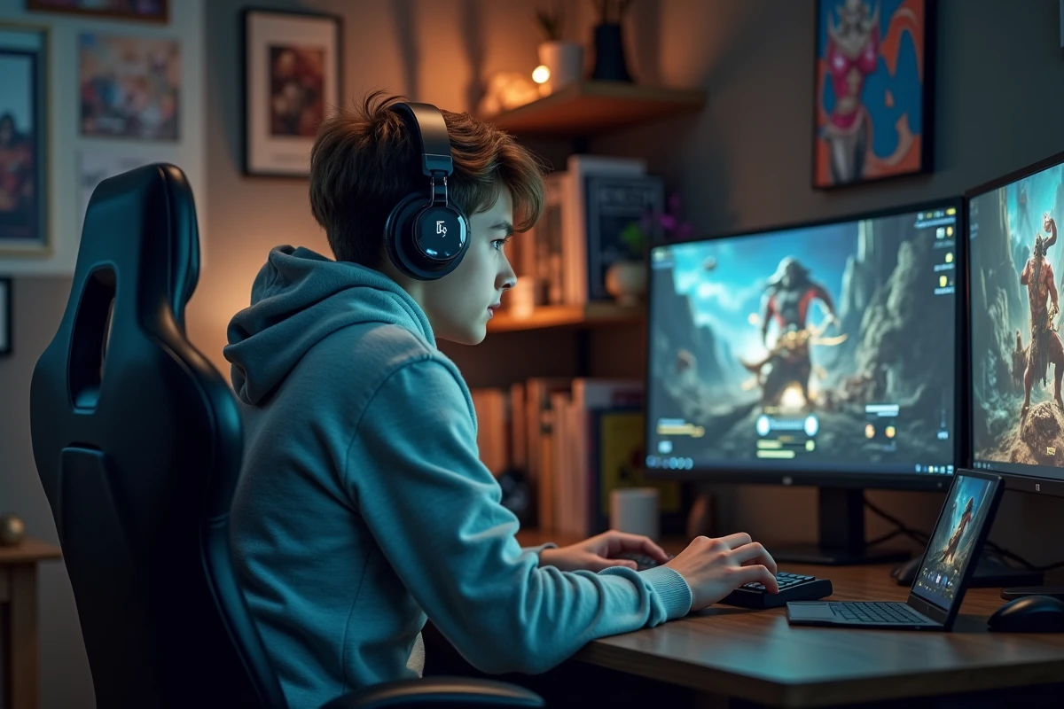 Jeune homme en hoodie jouant en ligne sur un ordinateur gaming