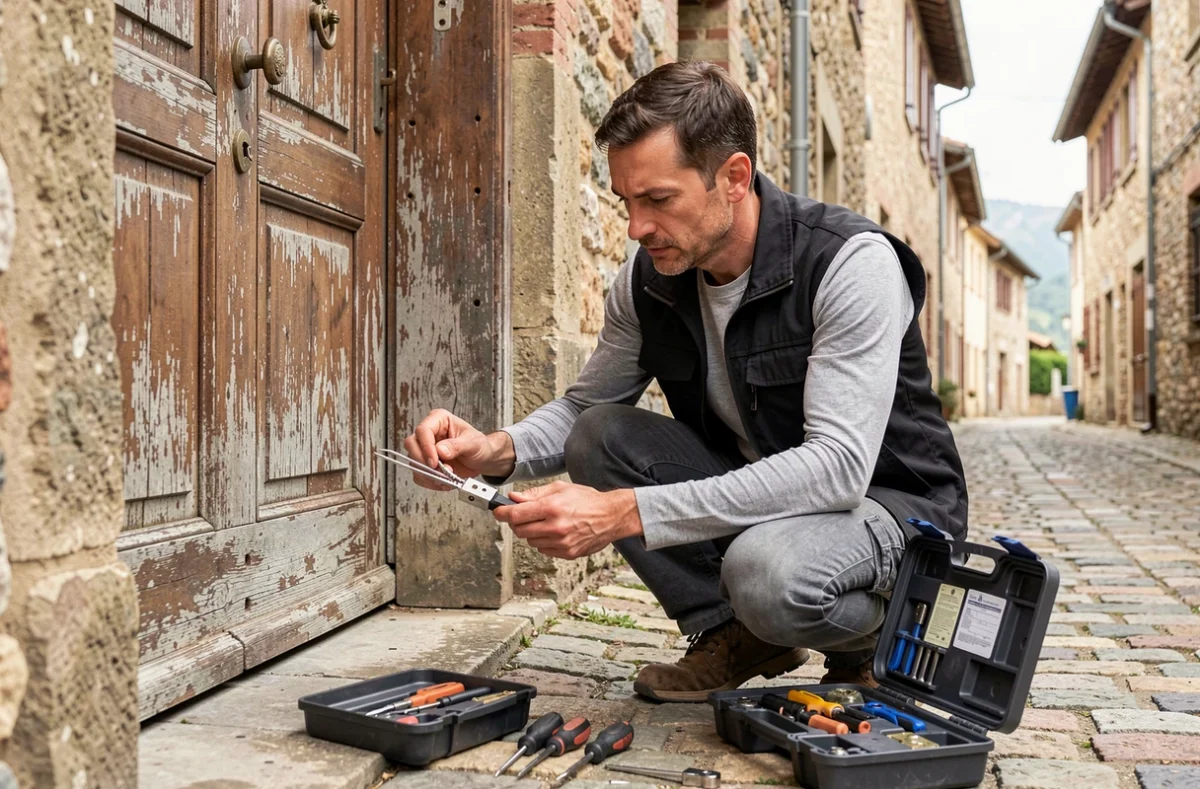 Serrurier Gemarin Xavier à genoux devant une porte en bois dans une rue pavée d'un village du Cantal, utilisant des outils de crochetage professionnels