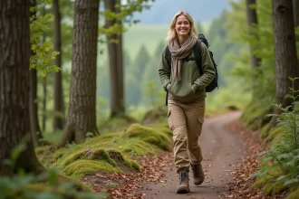 Vêtements en tons terreux pour une balade en forêt