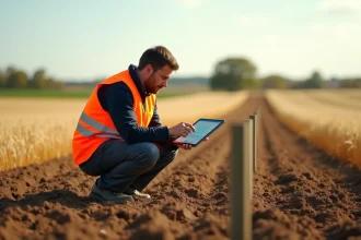 Géomètre mesurant une parcelle agricole avec une tablette affichant des conversions de surface en hectares et mètres carrés