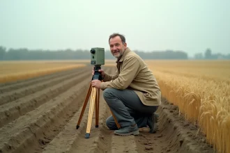 Géomètre mesurant une surface agricole en hectares avec une roue de mesure dans un champ de chaumes